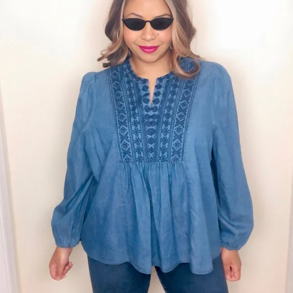 SALE 🔥 FALLS CREEK 3X Denim Blue Embroidered Boho Western Long Slv Plus Peasant - Picture 12 of 15